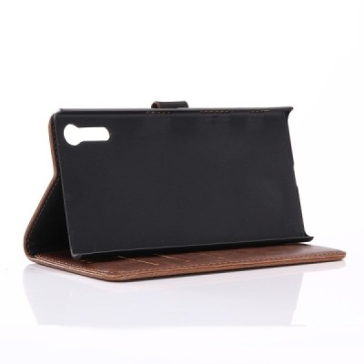 Sony Xperia XZ atverčiamas tamsiai rudas odinis retro dėklas - piniginė / Priedai.lt