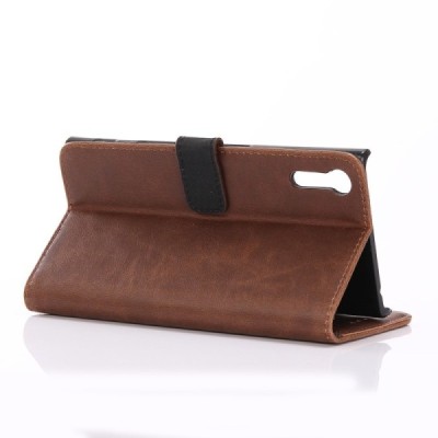 Sony Xperia XZ atverčiamas tamsiai rudas odinis retro dėklas - piniginė / Priedai.lt