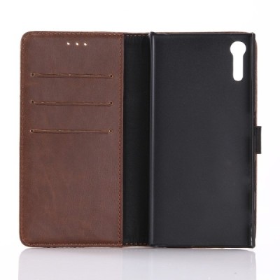 Sony Xperia XZ atverčiamas tamsiai rudas odinis retro dėklas - piniginė / Priedai.lt