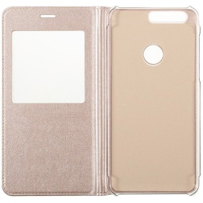 Huawei Honor 8 auksinis odinis atverčiamas „Smart Window“ dėklas su langeliu / Priedai.lt