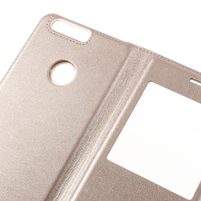 Huawei Honor 8 auksinis odinis atverčiamas „Smart Window“ dėklas su langeliu / Priedai.lt