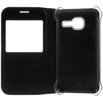 Samsung Galaxy J1 mini (J105) juodas odinis atverčiamas „Smart Window“ dėklas su langeliu / Priedai.lt