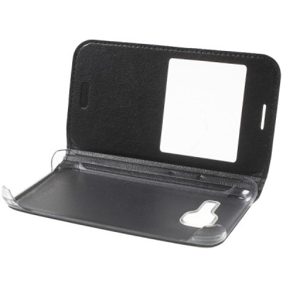 Samsung Galaxy J1 mini (J105) juodas odinis atverčiamas „Smart Window“ dėklas su langeliu / Priedai.lt