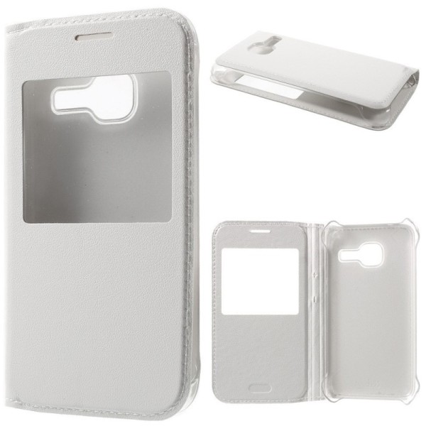 „Smart Window“ atvēramais ādas maciņš - balts (Galaxy J1 mini)