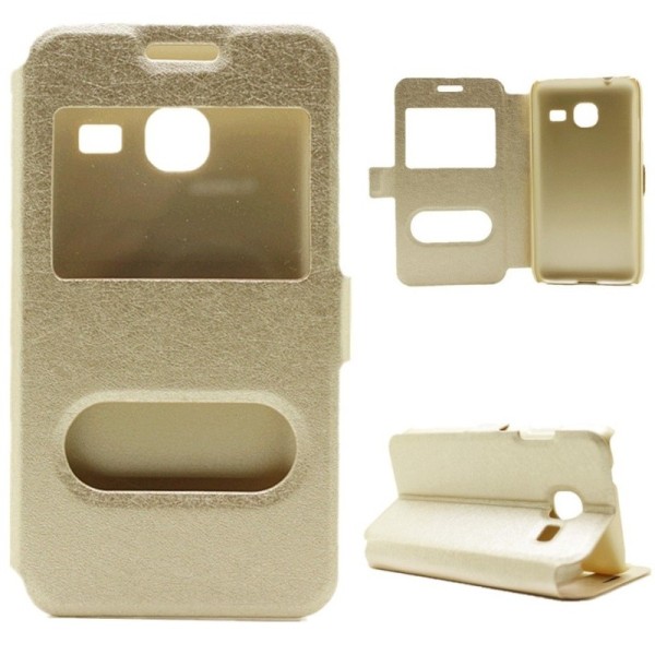 „Smart Window“ atvēramais ādas maciņš - zelta (Galaxy J1 mini)