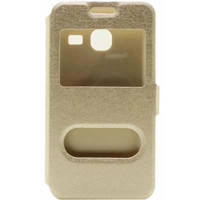 Samsung Galaxy J1 mini (J105) zelta atvēramais Smart Window ādas maciņš / Vacins.lv