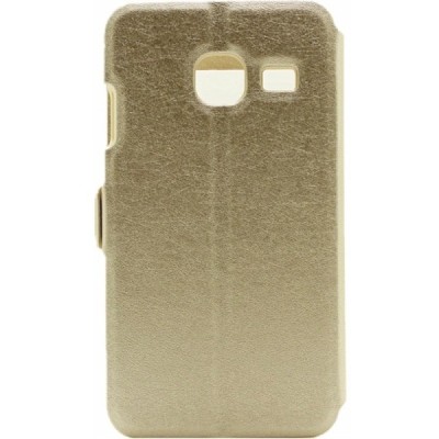 Samsung Galaxy J1 mini (J105) zelta atvēramais Smart Window ādas maciņš / Vacins.lv