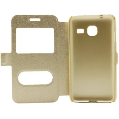 Samsung Galaxy J1 mini (J105) zelta atvēramais Smart Window ādas maciņš / Vacins.lv