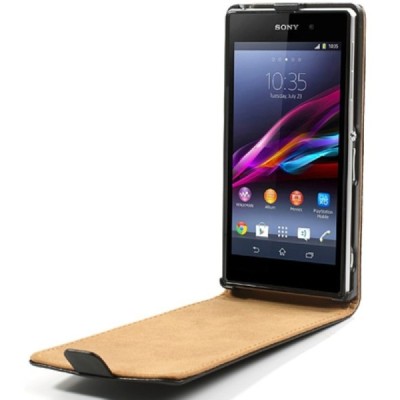 Sony Xperia Z1 (Honami L39h) vertikaliai (žemyn) atverčiamas juodas odinis dėklas / Priedai.lt
