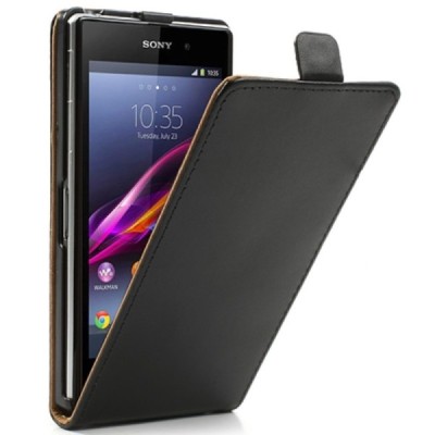 Sony Xperia Z1 (Honami L39h) vertikaliai (žemyn) atverčiamas juodas odinis dėklas / Priedai.lt