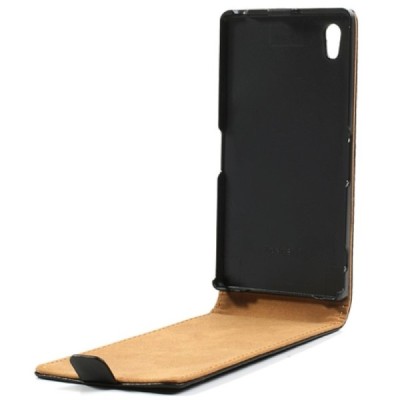 Sony Xperia Z1 (Honami L39h) vertikaliai (žemyn) atverčiamas juodas odinis dėklas / Priedai.lt