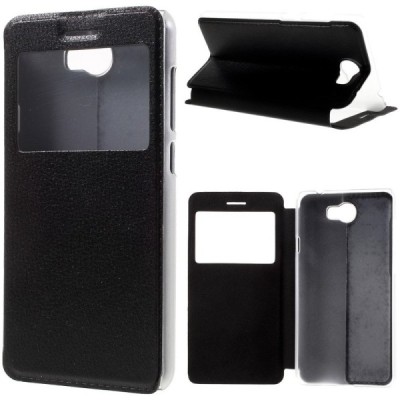 Huawei Y5 II (Huawei Y5 2) juodas odinis atverčiamas „Smart Window“ dėklas su langeliu / Priedai.lt