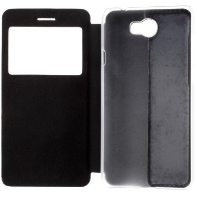 Huawei Y5 II (Huawei Y5 2) juodas odinis atverčiamas „Smart Window“ dėklas su langeliu / Priedai.lt