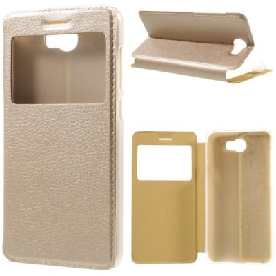 Huawei Y5 II (Huawei Y5 2) auksinis odinis atverčiamas „Smart Window“ dėklas su langeliu / Priedai.lt