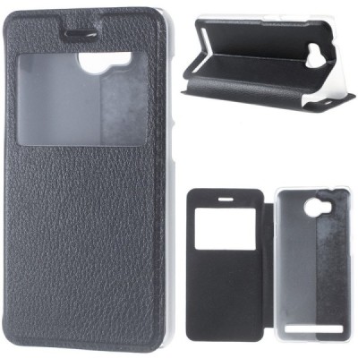 Huawei Y3 II (Huawei Y3 2) juodas odinis atverčiamas „Smart Window“ dėklas su langeliu / Priedai.lt