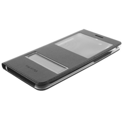 Huawei Y6 II (Huawei Y6 2) juodas odinis atverčiamas „Smart Window“ dėklas su langeliu / Priedai.lt