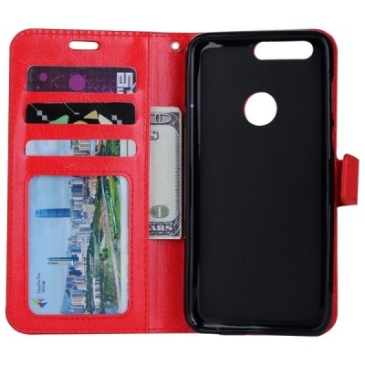 Huawei Honor 8 atverčiamas raudonas odinis dėklas, knygutė - piniginė / Priedai.lt