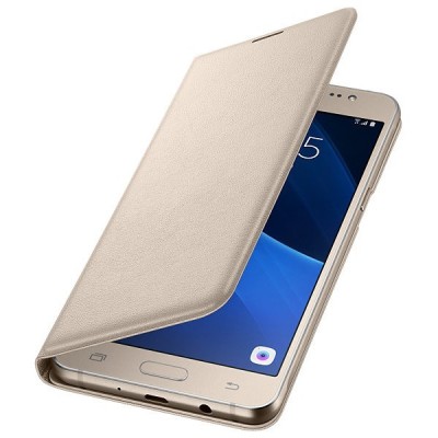 Samsung Galaxy J5 2016 (J510) originalus Flip Wallet Cover atverčiamas auksinis odinis dėklas - piniginė / Priedai.lt