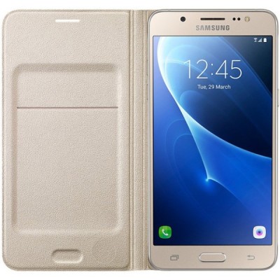 Samsung Galaxy J5 2016 (J510) originalus Flip Wallet Cover atverčiamas auksinis odinis dėklas - piniginė / Priedai.lt