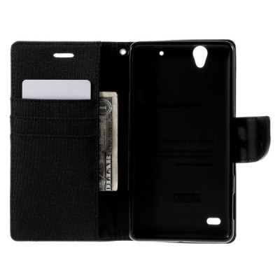 Sony Xperia C4 „Mercury“ juodas odinis atverčiamas dėklas - piniginė / Priedai.lt