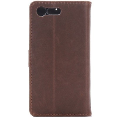 Sony Xperia X Compact (F5321) atverčiamas tamsiai rudos spalvos odinis retro dėklas - piniginė / Priedai.lt