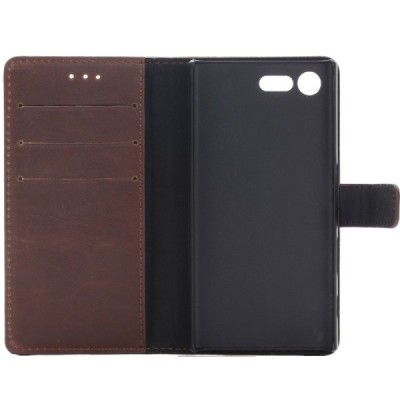 Sony Xperia X Compact (F5321) atverčiamas tamsiai rudos spalvos odinis retro dėklas - piniginė / Priedai.lt