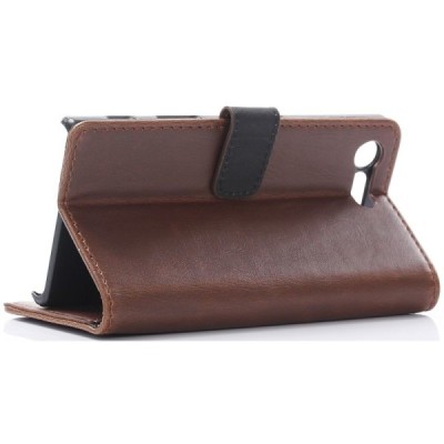 Sony Xperia X Compact (F5321) atverčiamas tamsiai rudos spalvos odinis retro dėklas - piniginė / Priedai.lt