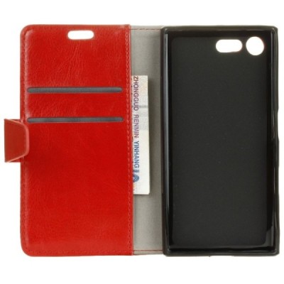 Sony Xperia X Compact (F5321) atverčiamas raudonas odinis dėklas - piniginė / Priedai.lt