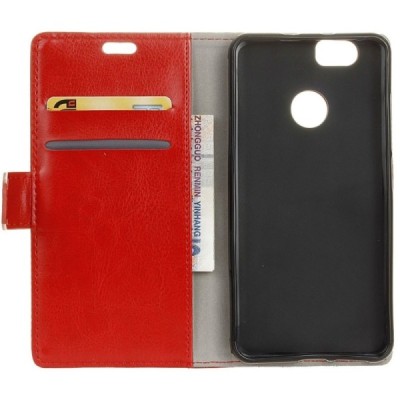 Huawei Nova atverčiamas raudonas odinis dėklas, knygutė - piniginė / Priedai.lt