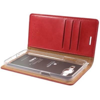 Mercury Blue Moon Samsung Galaxy J3 2016 (J310) atvērams sarkans ādas maciņš / Vacins.lv