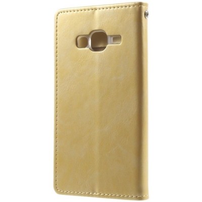 Mercury Blue Moon atverčiamas Samsung Galaxy J3 2016 (J310) auksinis odinis dėklas - piniginė / Priedai.lt