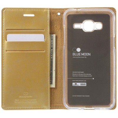 Mercury Blue Moon atverčiamas Samsung Galaxy J3 2016 (J310) auksinis odinis dėklas - piniginė / Priedai.lt