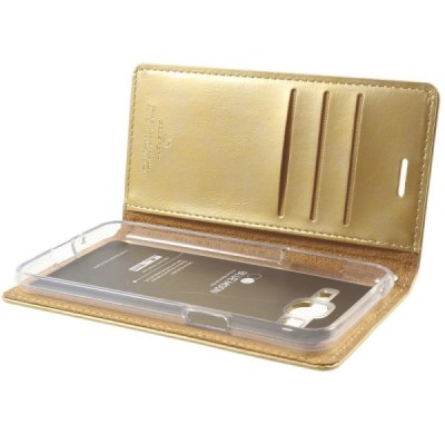 Mercury Blue Moon atverčiamas Samsung Galaxy J3 2016 (J310) auksinis odinis dėklas - piniginė / Priedai.lt