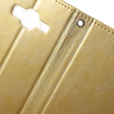 Mercury Blue Moon atverčiamas Samsung Galaxy J3 2016 (J310) auksinis odinis dėklas - piniginė / Priedai.lt