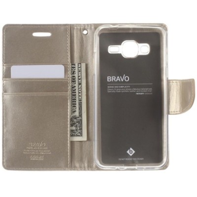 Samsung Galaxy J3 2016 (J310, J320) „Mercury“ atvērams zelta ādas maciņš - maks / Vacins.lv