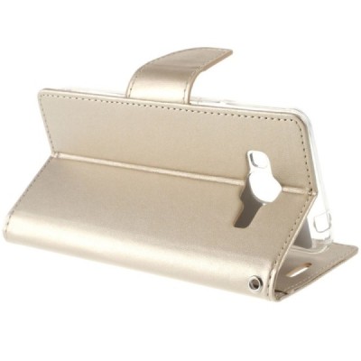 Samsung Galaxy J3 2016 (J310, J320) „Mercury“ atvērams zelta ādas maciņš - maks / Vacins.lv