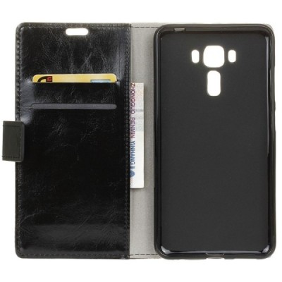 Asus Zenfone 3 Laser (ZC551KL) atverčiamas juodas odinis dėklas - piniginė / Priedai.lt