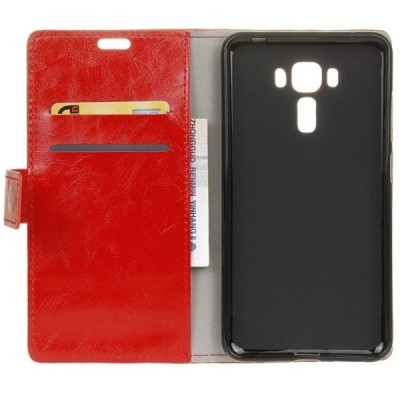 Asus Zenfone 3 Laser (ZC551KL) atverčiamas raudonas odinis dėklas - piniginė / Priedai.lt