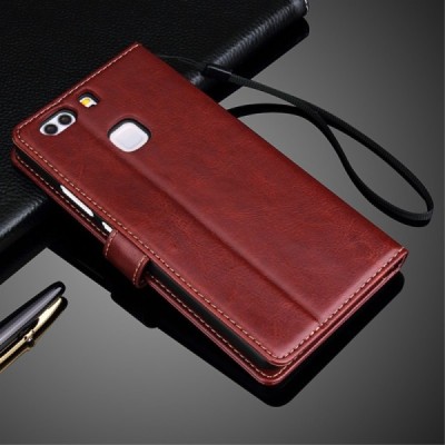 Huawei P9 Plus (Huawei Ascend P9 Plus) atverčiamas rudas odinis dėklas - piniginė / Priedai.lt