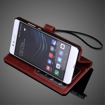 Huawei P9 Plus (Huawei Ascend P9 Plus) atverčiamas rudas odinis dėklas - piniginė / Priedai.lt