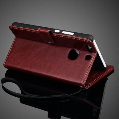 Huawei P9 Plus (Huawei Ascend P9 Plus) atverčiamas rudas odinis dėklas - piniginė / Priedai.lt