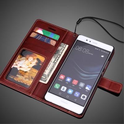 Huawei P9 Plus (Huawei Ascend P9 Plus) atverčiamas rudas odinis dėklas - piniginė / Priedai.lt