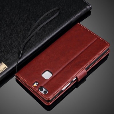 Huawei P9 Plus (Huawei Ascend P9 Plus) atverčiamas rudas odinis dėklas - piniginė / Priedai.lt