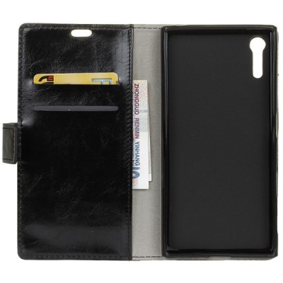 Sony Xperia XZ atverčiamas juodas odinis dėklas - piniginė / Priedai.lt