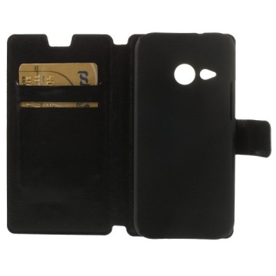 HTC One Mini 2 atverčiamas juodas odinis dėklas - piniginė / Priedai.lt