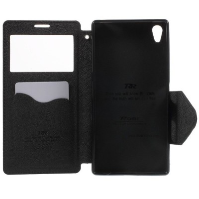 Sony Xperia Z5 Premium (Sony Xperia Z5 Premium Dual) „Roar“ Diary atvērams melns ādas maciņš - maks / Vacins.lv