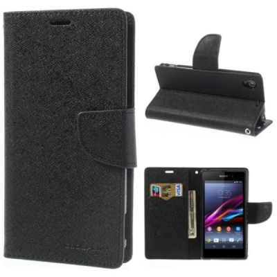 Sony Xperia Z1 (Honami L39h) „Mercury“ Fancy juodas odinis atverčiamas dėklas - piniginė / Priedai.lt