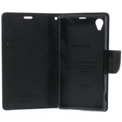 Sony Xperia Z1 (Honami L39h) „Mercury“ Fancy juodas odinis atverčiamas dėklas - piniginė / Priedai.lt