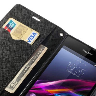 Sony Xperia Z1 (Honami L39h) „Mercury“ Fancy juodas odinis atverčiamas dėklas - piniginė / Priedai.lt