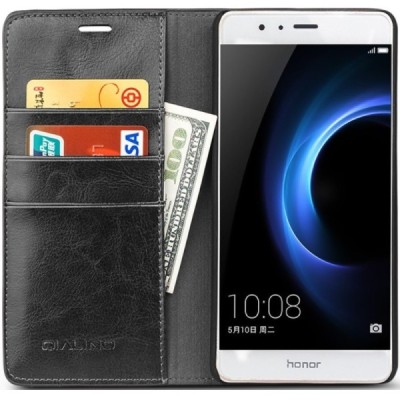 Honor 8 (Huawei Honor 8) „QIALINO“ atvēramais ādas melns maciņš - maks / Vacins.lv